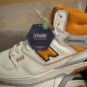 New Balance White & Orange 650 Leather Sneakers